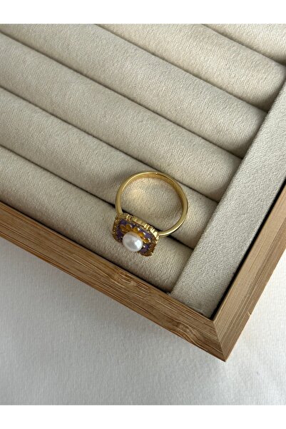 ringbox Steel Tarnish-Free Purple Enamel Pearl Daisy Ring