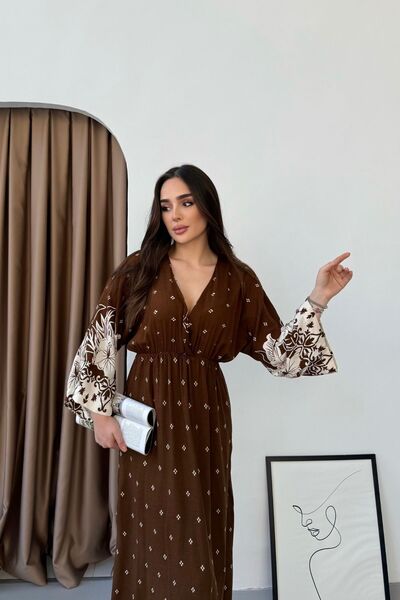 mezqa فستان نسائي طويل منقوش بأكمام طويلة