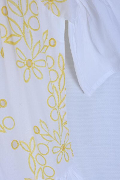 By Mare Style AMATA-Saf Organik Pamuk Sarı Çiçekli Uzun Gömlek Elbise