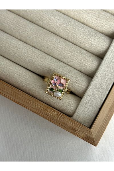 ringbox Steel Tarnish-Free Pink Enamel Pearl Flower Ring