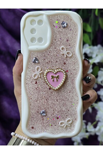 Magic Ring OPPO A52/A72/A92 Uyumlu Kalpli Pembe Simli İnci ve Kurdele Detaylı...