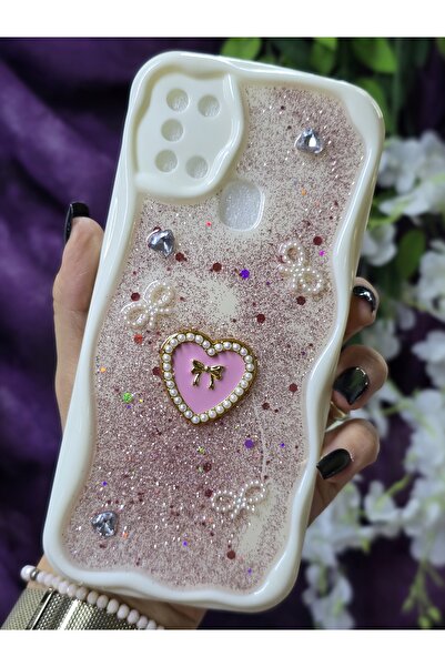 Magic Ring Samsung Galaxy A21S Uyumlu Kalpli Pembe Simli İnci ve Kurdele Deta...