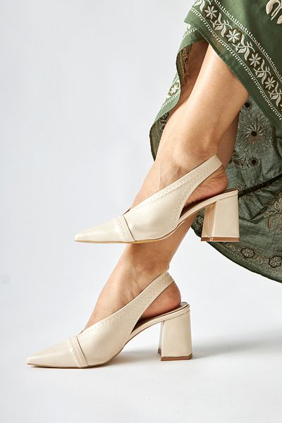 Limoya Essie Ecru Pointed Toe Elastic Stitching Detail Thick Heeled Women's Shoes