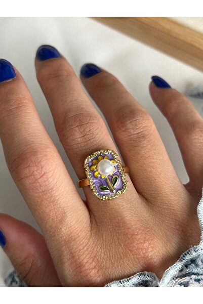 ringbox Steel Tarnish-Free Purple Enamel Pearl Daisy Ring