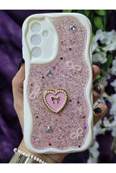 Magic Ring Samsung Galaxy M34 5G Uyumlu Kalpli Pembe Simli İnci ve Kurdele De...