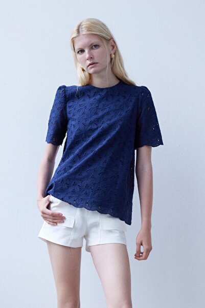 By Mare Style Odette Blouse-Organic Cotton Navy Blue Blouse with Guipure Brode Detail