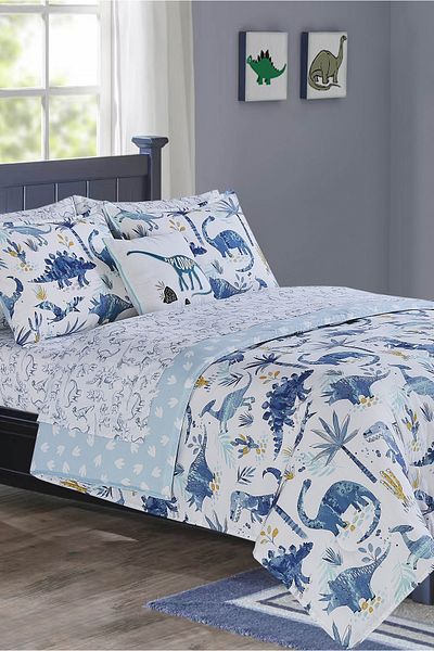 Bee Home Bed and Bath Juvi Dinosaur Park | 8 Pieces Full Comforter Set - 228 X 223 Cm - Blue Dinosaurs