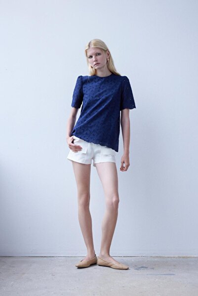 By Mare Style Odette Blouse-Organic Cotton Navy Blue Blouse with Guipure Brode Detail