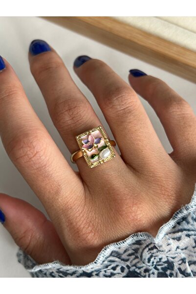 ringbox Steel Tarnish-Free Pink Enamel Pearl Flower Ring