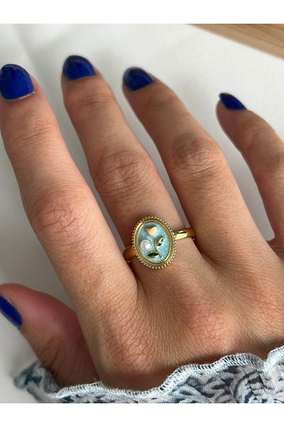 ringbox Steel Tarnish-Free Enamel Pearl Tulip Ring
