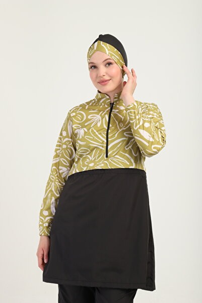 TRENDT MODA Paraşüt Kumaş Dört Parça Haşama Tesettür Mayo Yarım Fermuarlı Yandan Daraltma Takım