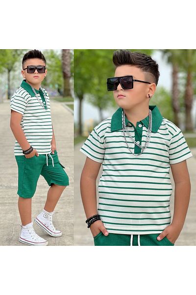 Modaayaz Polo Collar Striped Patterned Boy's Green Top-Down Set