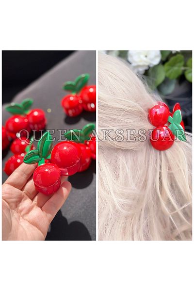 QUEEN AKSESUAR New Trend Luxury Bone Giant Big Shiny Sparkly Red Cherry Leafy Clothespin Buckle 8cm