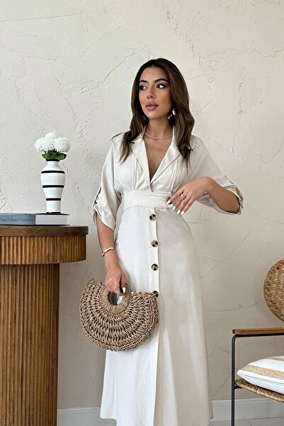 sharin Γυναικείο καλοκαιρινό μπεζ πουκάμισο με κουμπιά γιακά χαμηλού κοπής Midi μήκους λινό φόρεμα 11B-6722