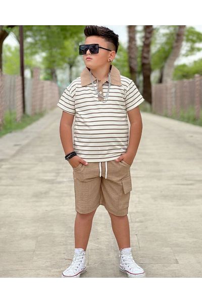 Modaayaz Polo Collar Striped Patterned Boy's Brown Top-Top Set