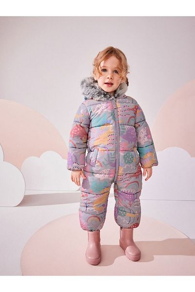 Next Baby Lilac Dinosaur Patterned Full Fleece Lined Hooded Water Resistant Astronaut Jumpsuit