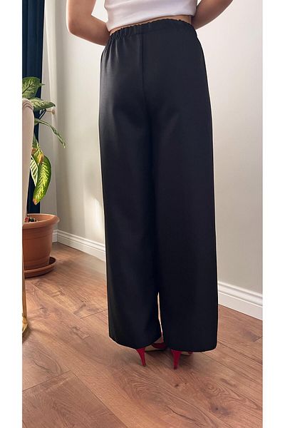 memetti m şekil Women's Black Elastic Waist Soft Linen (Sofia) Wide Leg Palazzo Trousers