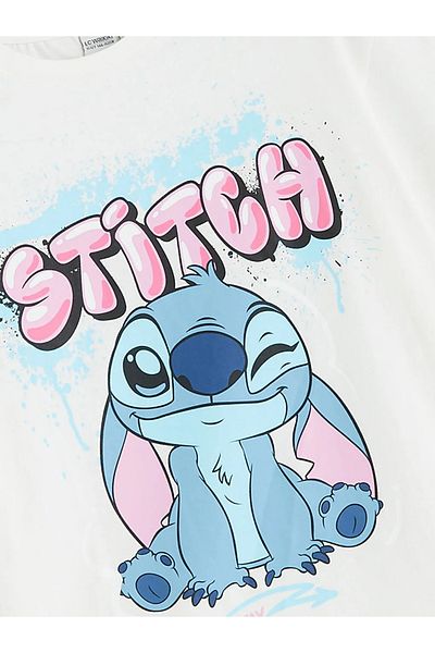 LC Waikiki Tricou pentru fete LCW Kids Ecru cu gât rotund, imprimat cu Stitch