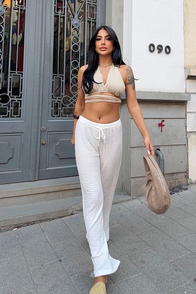 bacc White Elastic Waist Tie Wrap Comfortable Cut Lycra Trousers Bcbt-251011