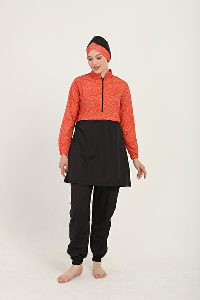 TRENDT MODA Paraşüt Kumaş Dört Parça Haşama Tesettür Mayo Yarım Fermuarlı Yan...