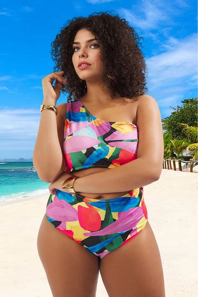 PayBuy Comfortable Patterned One Shoulder Relaxed Fit Plus Size Swimsuit Quick Dry