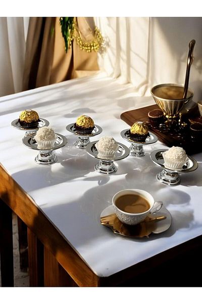 VİGENTİNO 6-Piece Abs Decorative Silver Plated Sugar Bowl Bowl 6-Piece Macaron Holder Coffee Side Presentation Sugar Bowl
