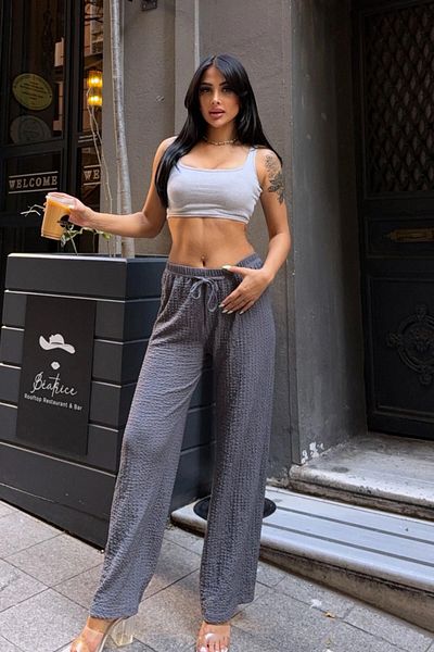 bacc Anthracite Elastic Waist Tie Wrapped Comfortable Cut Lycra Trousers Bcbt-251011