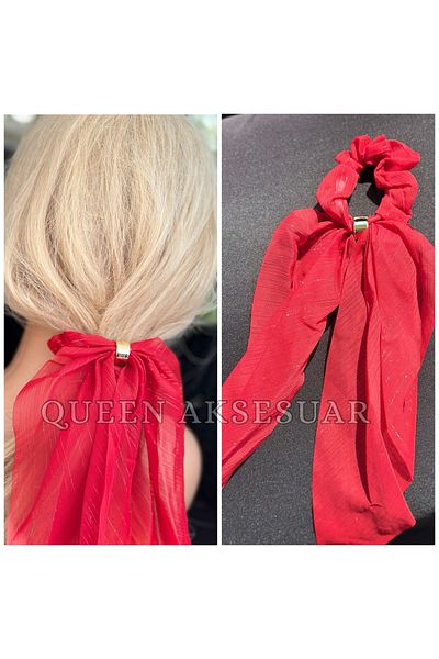 QUEEN AKSESUAR Luxury Design Red Gold Brooch Silvery Chiffon Tulle Long Tail Scarf Elastic Buckle