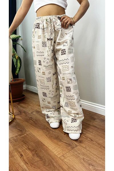 memetti m şekil Women's Ethnic Patterned Linen Wide Leg Palazzo Pants