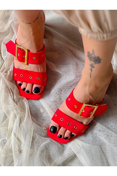 BERFONA Twee Red Suede Buckle Slippers