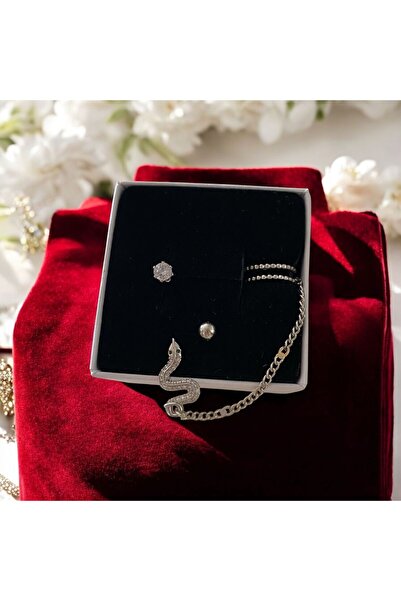 rafiel Pirinç Gümüş Kaplama Yılanlı 3'lü Kadın Kıkırdak Küpe Seti