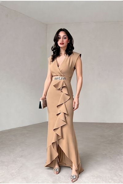 ALFUDO Moda Collection Women's Scuba Crepe Fabric Double Breasted Collar Skirt Flounced Evening Dress Graduation Wedding Dress