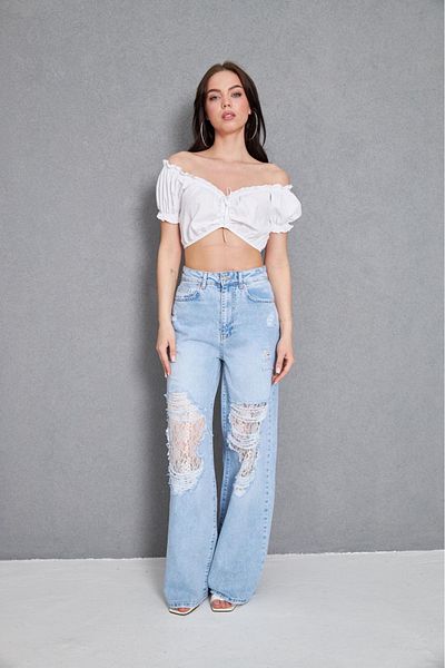 DEEFWEAR PANTALON JEAN BAGGY cu detaliu din dantelă Y2K