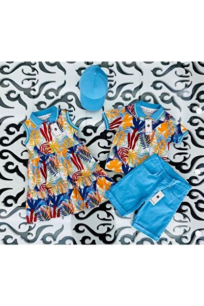 Marka Sensin Kids Boys' Patterned Collared T-Shirt Colorful Denim Shorts Set of 2