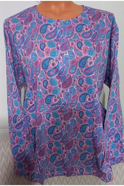 Anne Er Clothing Mother Paper Print Combed Cotton Blouse Long-Sleeve Print 3 Button Crew Neck