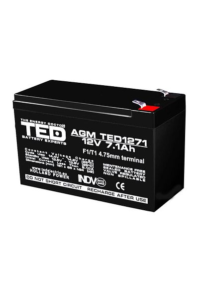 TED Electric Baterie Reincarcabila F2/T2 12V Stationara VRLA 7.1Ah AGM, Dimensiuni 151x65x95 mm, TED1271F2