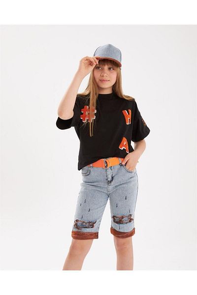 Marka Sensin Kids Girl's Süzene Embroidered T-Shirt with Ripped Detail Colorful Belt Denim Shorts Hat Set of 4