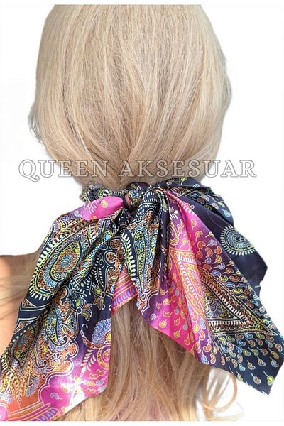 QUEEN AKSESUAR Luxury Authentic Embroidered Ethnic Pattern Motif Satin Black Pink Long Tail Scarf Elastic Buckle