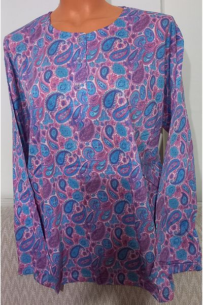 Anne Er Clothing Mother Paper Print Combed Cotton Blouse Long-Sleeve Print 3 Button Crew Neck
