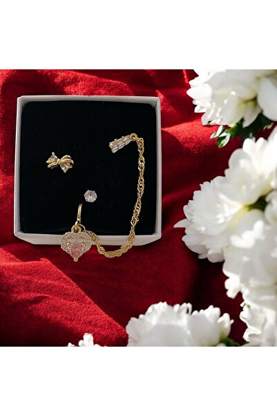 rafiel Pirinç Altın Kaplama Fiyonklu Kalpli 3'lü Kadın Kıkırdak Küpe Seti