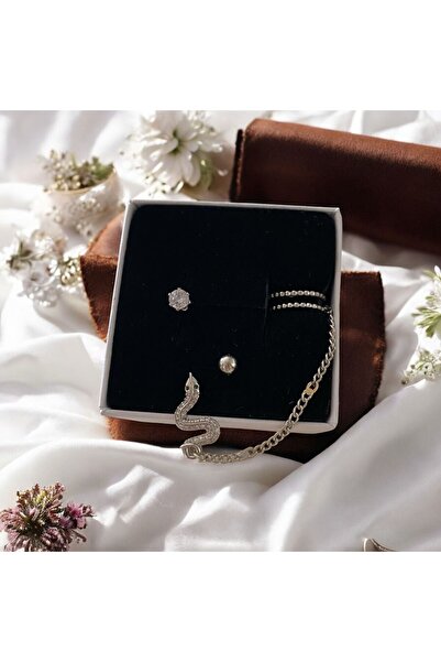 rafiel Pirinç Gümüş Kaplama Yılanlı 3'lü Kadın Kıkırdak Küpe Seti