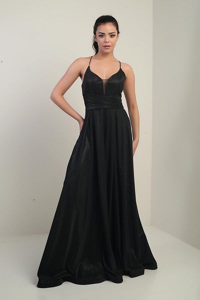 By Saygı Lined Glitter Long Evening Dress with Rope Straps