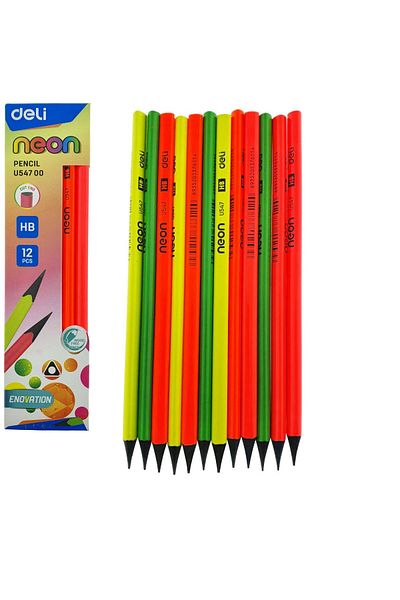 OEM Set 12 creioane HB grafit, NEON U54700 DELI, wood free, corp triunghiular multicolor