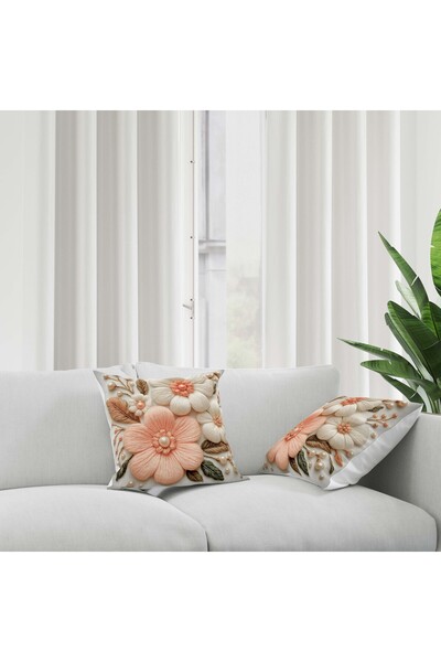 Şah Dekor Punch Embroidery Patterned Digital Printed Pink Cream Colors 2 Piece Throw Pillow Case Set