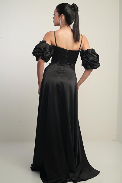 By Saygı Women's Thin Strap Lined Fake Sleeves Long Satin Dress with Pockets