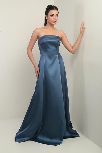 By Saygı Women's Strapless Lined Long Satin Evening Dress with Pockets