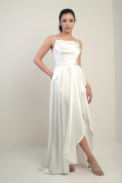 By Saygı Women's Long Satin Dress with Rope Strap Back Lace-Up Lined Flounce