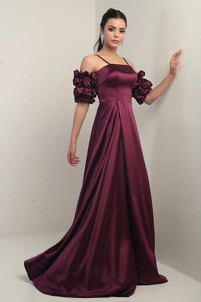 By Saygı Women's Thin Strap Lined Fake Sleeves Long Satin Dress with Pockets