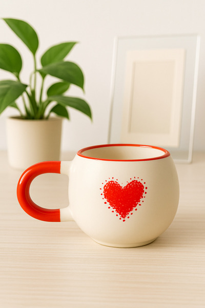 SırART U Kulp BÜYÜK KALP DESENLİ ÖZEL KABARTMALI EL İŞLEMELİ SERAMİK KUPA