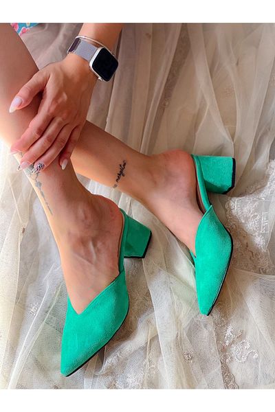 BERFONA Oasis Green Suede 5 cm Heel Slippers